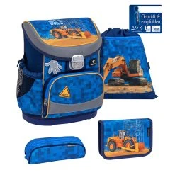 BELMIL 4tlg-Set: Schulranzen Bulldozer In Blau – (H)36 X (B) 28 X (T) 17 Cm