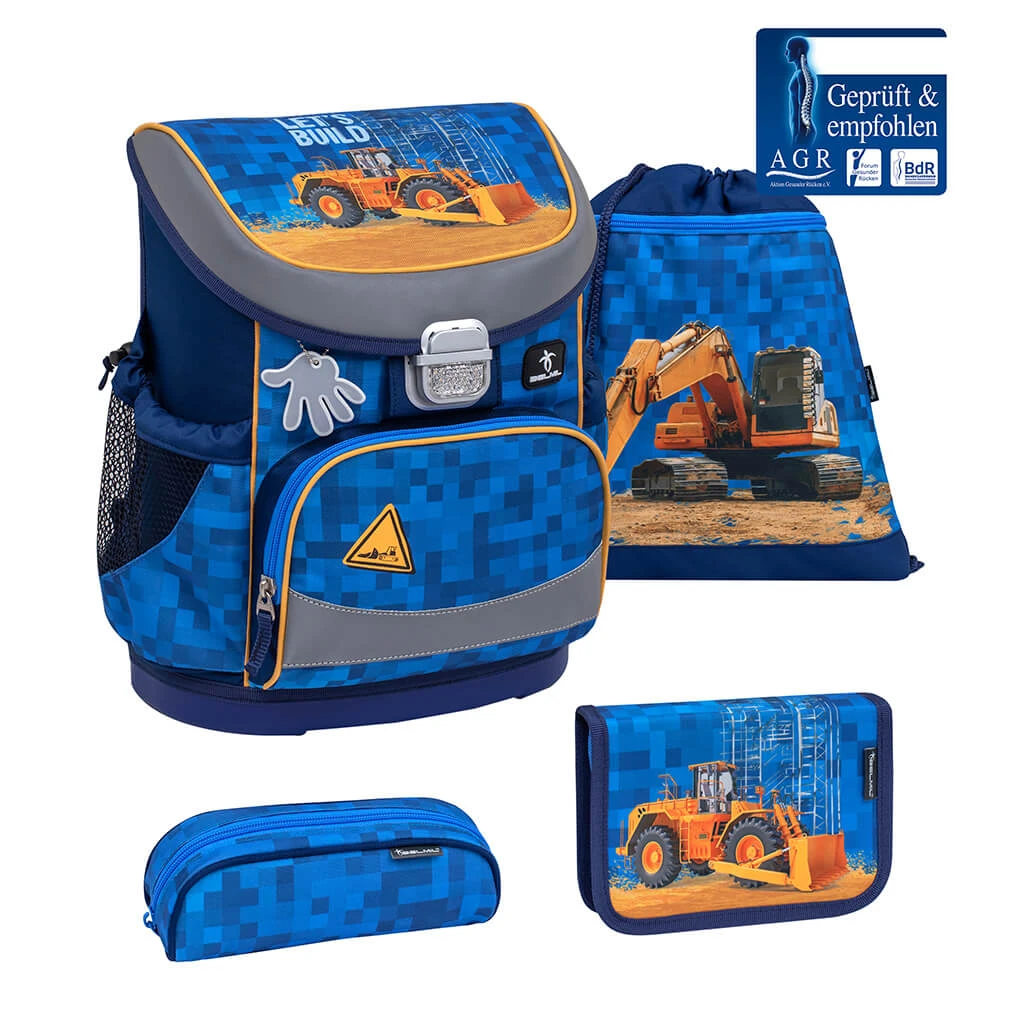 BELMIL 4tlg-Set: Schulranzen Bulldozer In Blau – (H)36 X (B) 28 X (T) 17 Cm 1 BELMIL 4tlg-Set: Schulranzen Bulldozer In Blau – (H)36 X (B) 28 X (T) 17 Cm