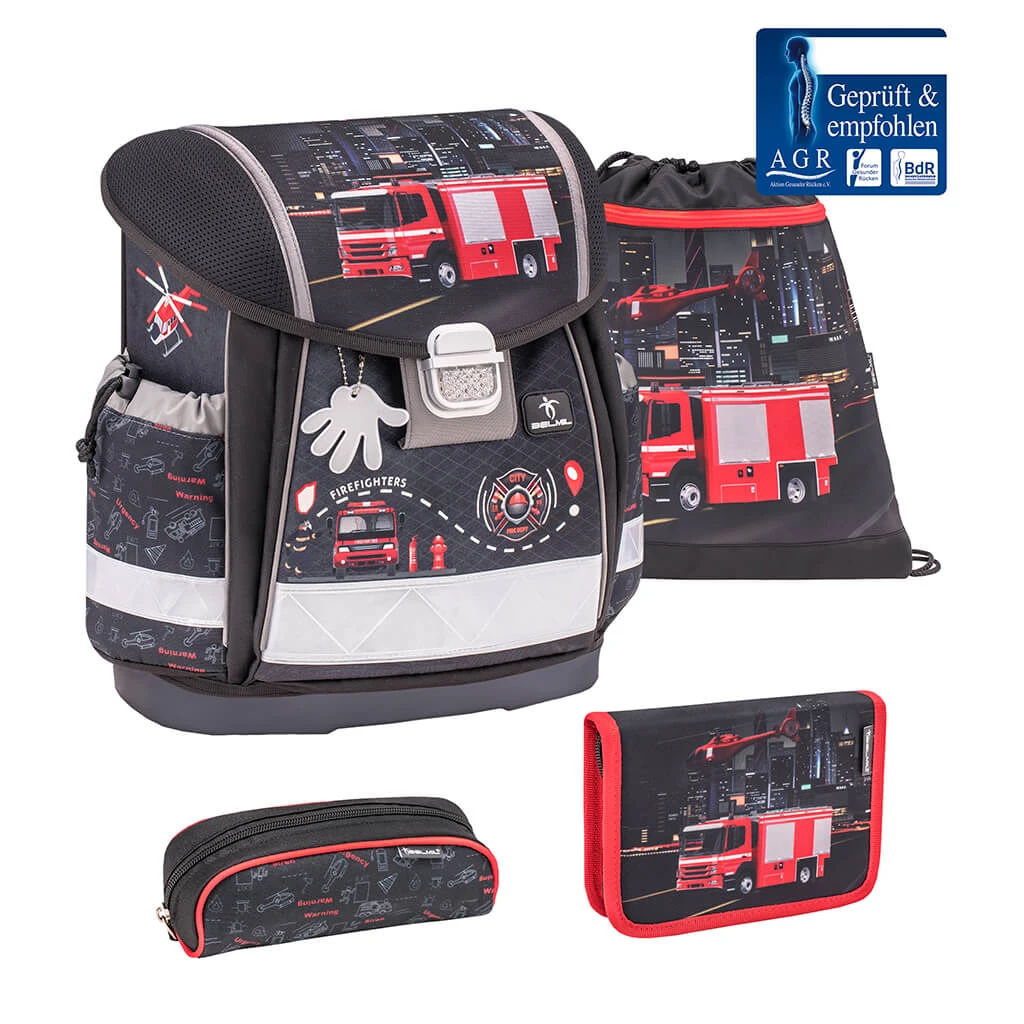 BELMIL 4tlg-Set: Schulranzen Firetruck 2 In Schwarz – (H)36 X (B) 32 X (T) 19 Cm 1 BELMIL 4tlg-Set: Schulranzen Firetruck 2 In Schwarz – (H)36 X (B) 32 X (T) 19 Cm