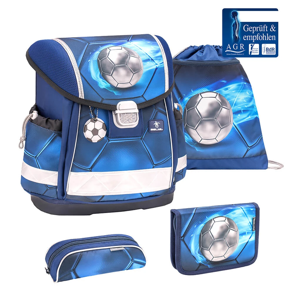 BELMIL 4tlg-Set: Schulranzen Football 4 In Blau – (H)36 X (B) 32 X (T) 19 Cm 1 BELMIL 4tlg-Set: Schulranzen Football 4 In Blau – (H)36 X (B) 32 X (T) 19 Cm