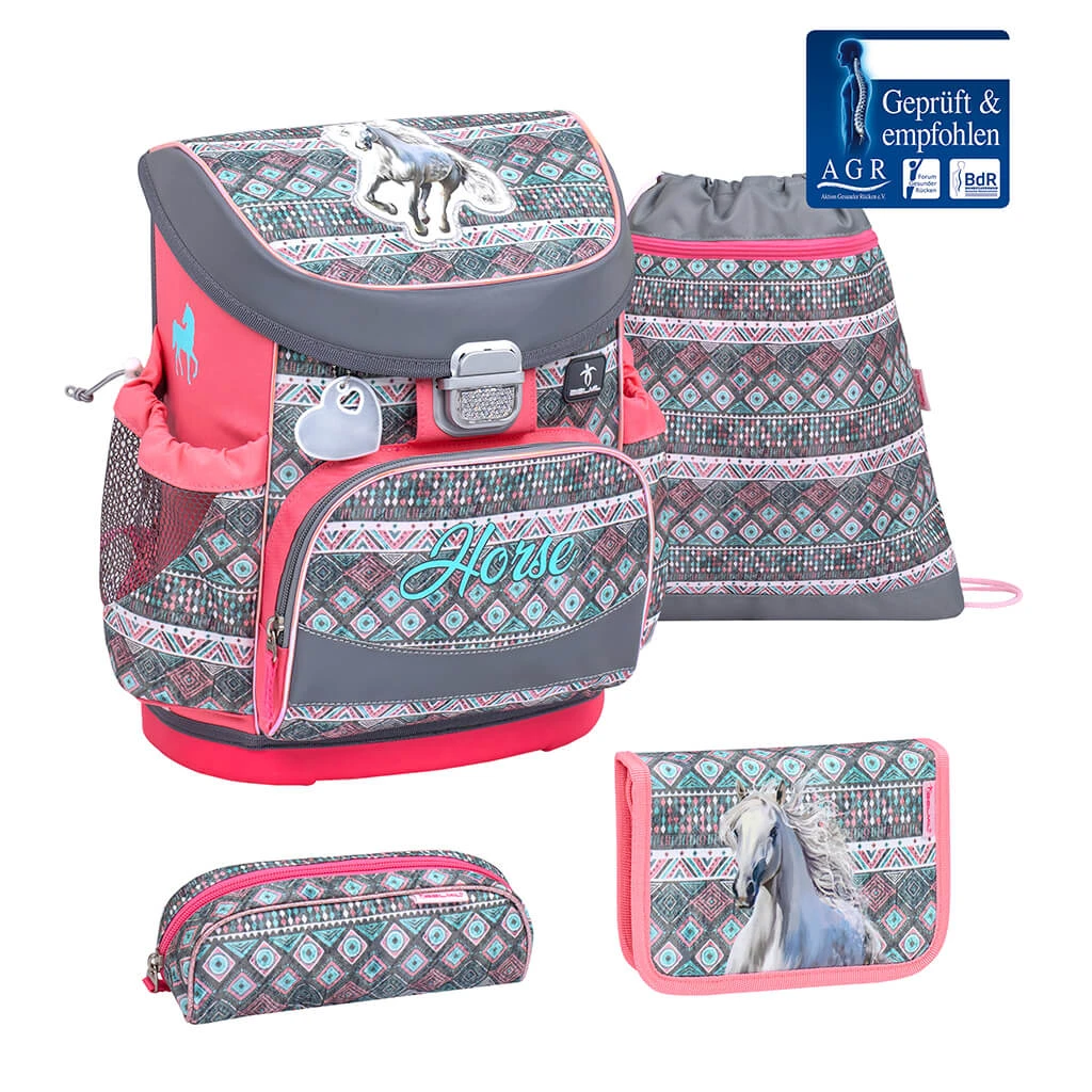 BELMIL 4tlg-Set: Schulranzen Horse Aruba Blue In Grau – (H)36 X (B) 28 X (T) 17 Cm 1 BELMIL 4tlg-Set: Schulranzen Horse Aruba Blue In Grau – (H)36 X (B) 28 X (T) 17 Cm