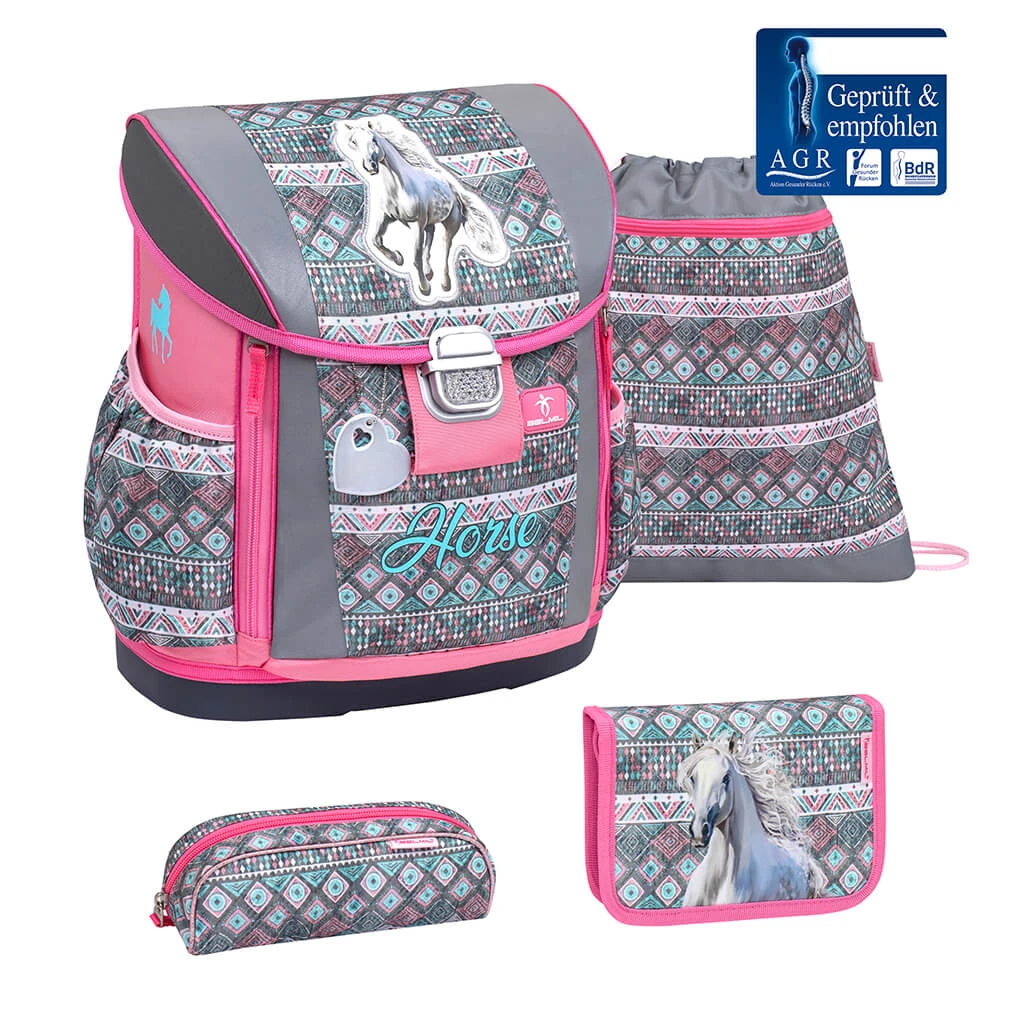 BELMIL 4tlg-Set: Schulranzen Horse Aruba Blue In Grau – (H)37 X (B) 31 X (T) 17 Cm 1 BELMIL 4tlg-Set: Schulranzen Horse Aruba Blue In Grau – (H)37 X (B) 31 X (T) 17 Cm