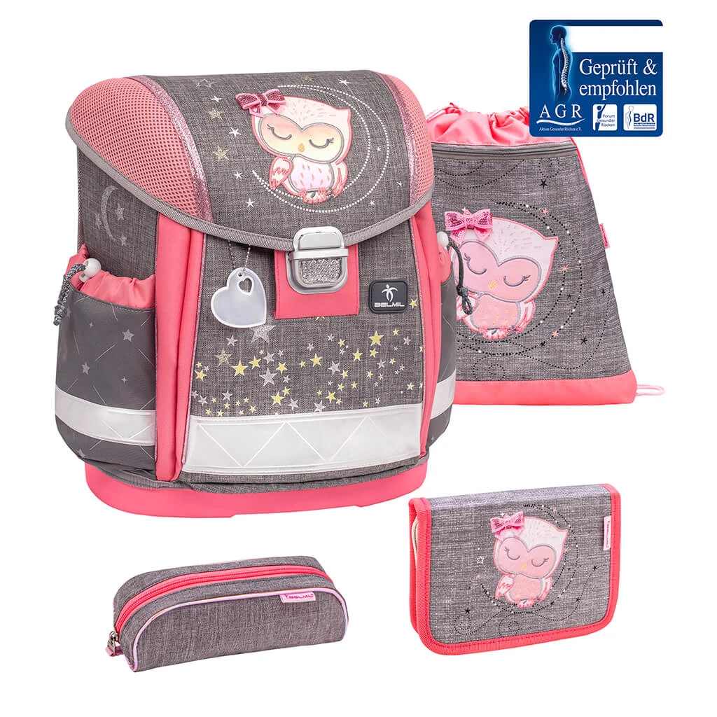 BELMIL 4tlg-Set: Schulranzen Little Owl In Rose – (H)36 X (B) 32 X (T) 19 Cm 1 BELMIL 4tlg-Set: Schulranzen Little Owl In Rose – (H)36 X (B) 32 X (T) 19 Cm
