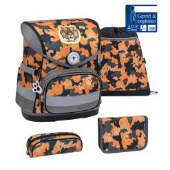 BELMIL 4tlg-Set: Schulranzen Orange Camouflage In Grau – (H)37 X (B) 30 X (T) 19 Cm
