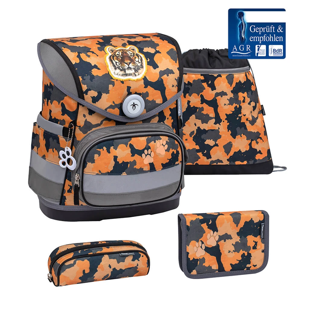 BELMIL 4tlg-Set: Schulranzen Orange Camouflage In Grau – (H)37 X (B) 30 X (T) 19 Cm 1 BELMIL 4tlg-Set: Schulranzen Orange Camouflage In Grau – (H)37 X (B) 30 X (T) 19 Cm