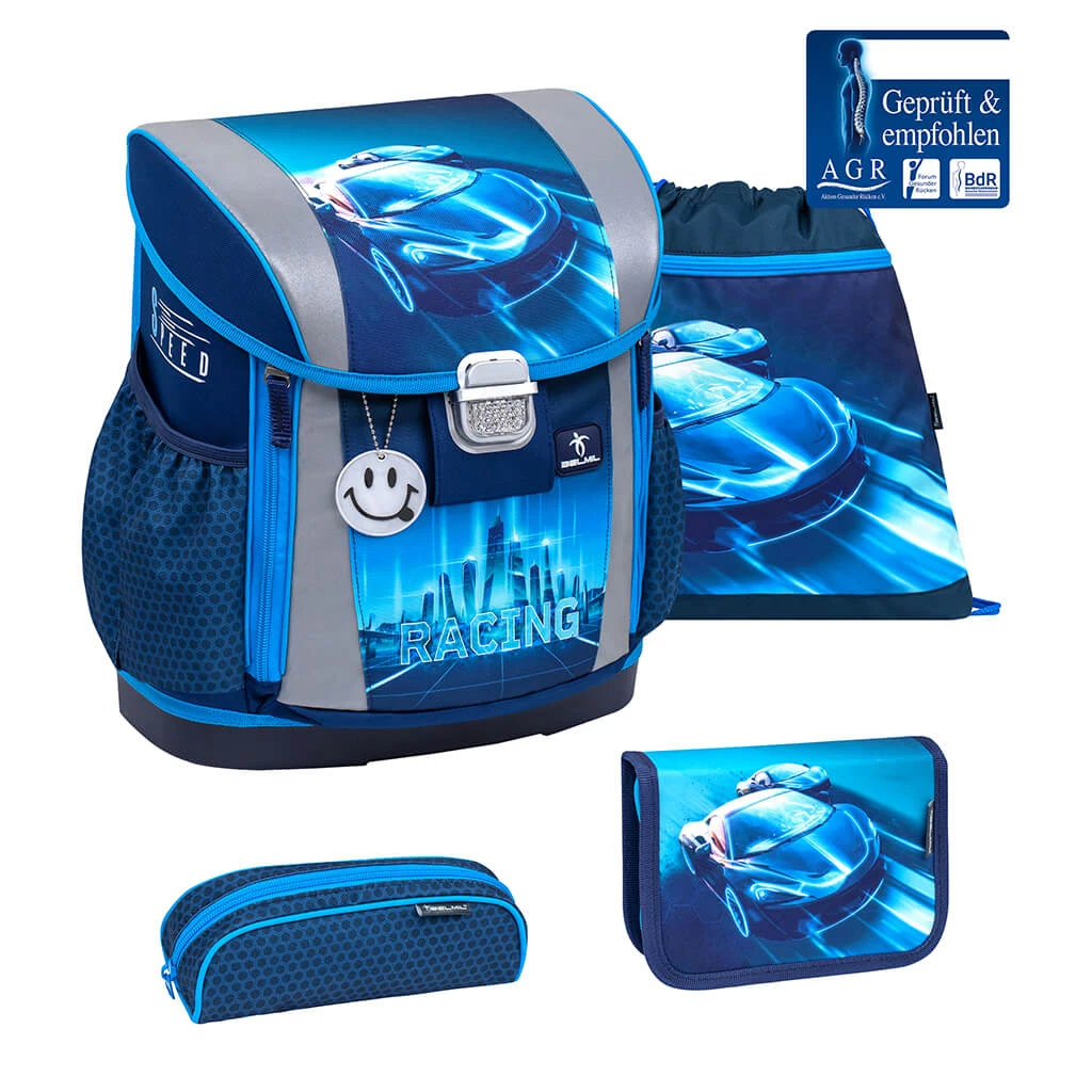 BELMIL 4tlg-Set: Schulranzen Racing Blue Neon In Blau – (H)37 X (B) 31 X (T) 17 Cm 1 BELMIL 4tlg-Set: Schulranzen Racing Blue Neon In Blau – (H)37 X (B) 31 X (T) 17 Cm