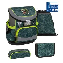 BELMIL 4tlg-Set: Schulranzen T-rex Roar In Grün – (H)36 X (B) 28 X (T) 17 Cm