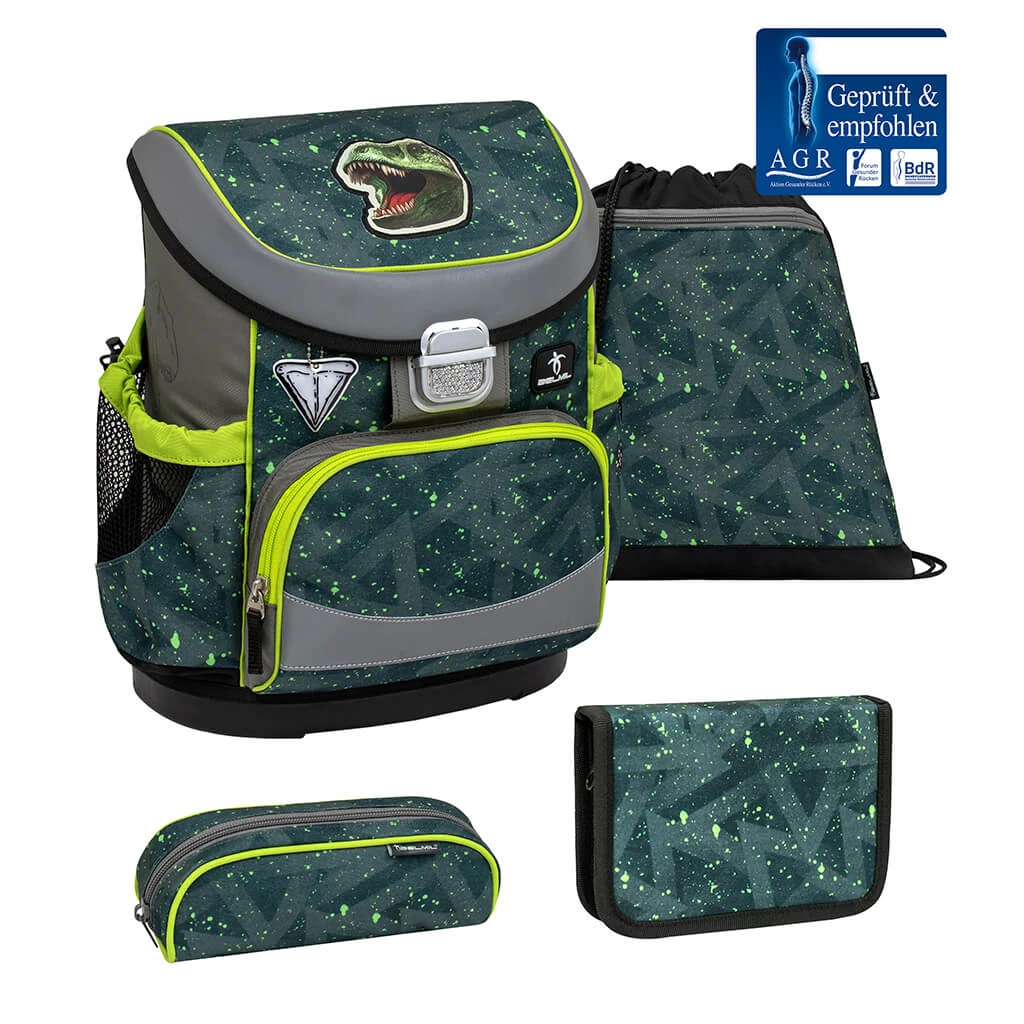 BELMIL 4tlg-Set: Schulranzen T-rex Roar In Grün – (H)36 X (B) 28 X (T) 17 Cm 1 BELMIL 4tlg-Set: Schulranzen T-rex Roar In Grün – (H)36 X (B) 28 X (T) 17 Cm