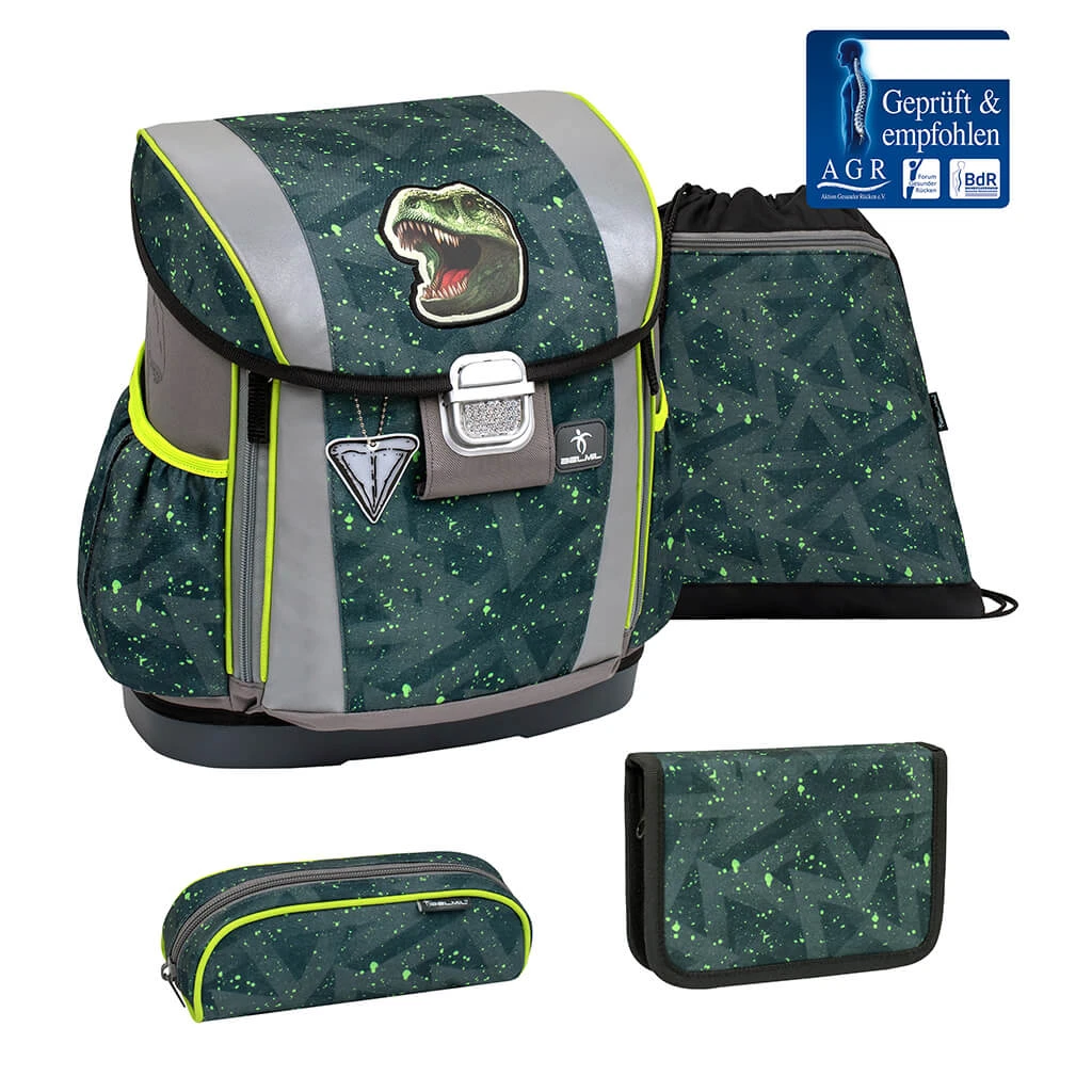BELMIL 4tlg-Set: Schulranzen T-rex Roar In Grün – (H)37 X (B) 31 X (T) 17 Cm 1 BELMIL 4tlg-Set: Schulranzen T-rex Roar In Grün – (H)37 X (B) 31 X (T) 17 Cm