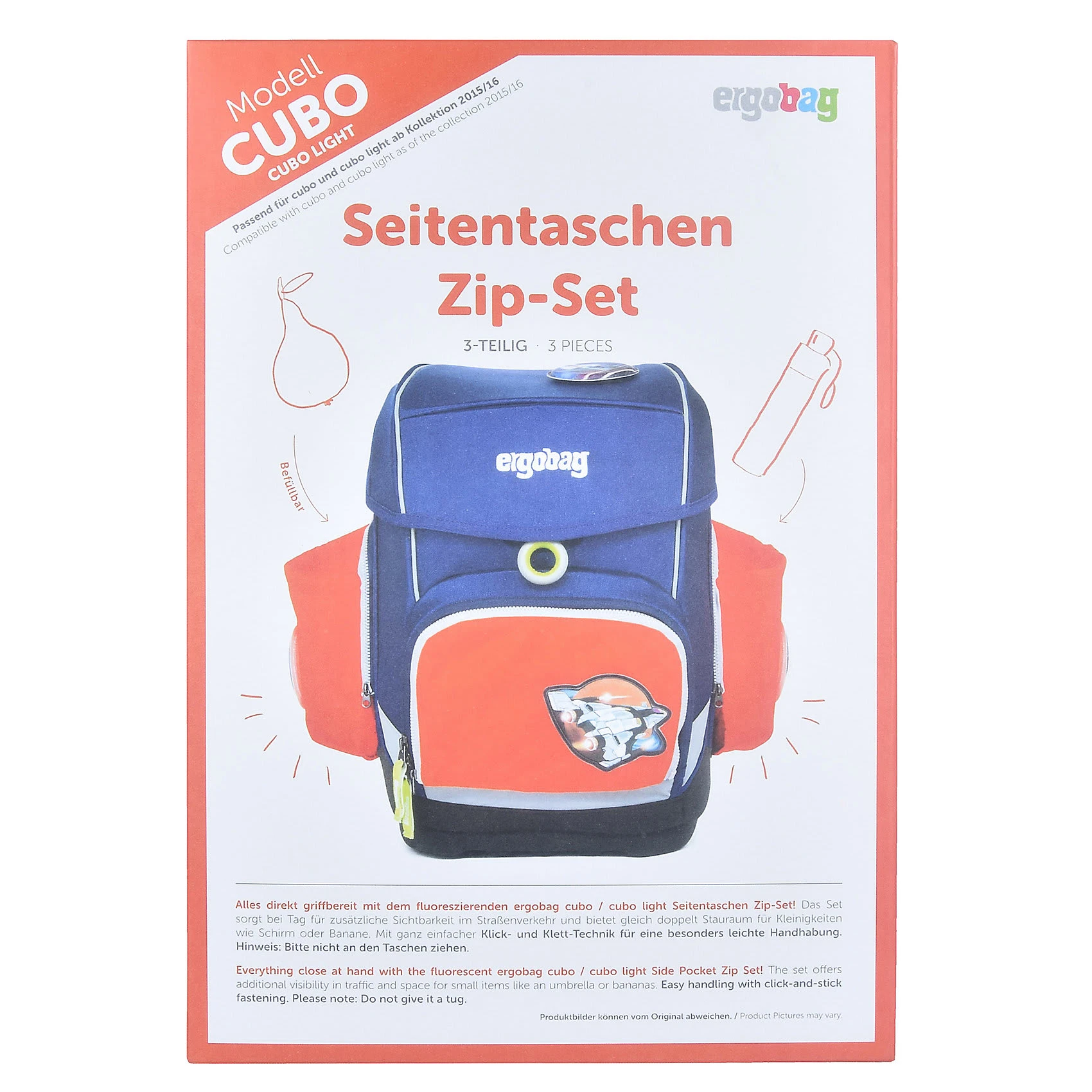 Ergobag Cubo/cubo Light Seitentaschen-Zipset Orange, 3-tlg. 2 Ergobag Cubo/cubo Light Seitentaschen-Zipset Orange, 3-tlg. – Bild 2