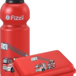 Fizzii Pausenset, Trinkflasche & Brotdose Feuerwehr, 600 Ml, Inkl. Ersatzverschlus...